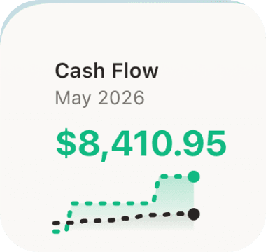 Cash Flow widget showing $8,410.95 with green and black dashed lines.