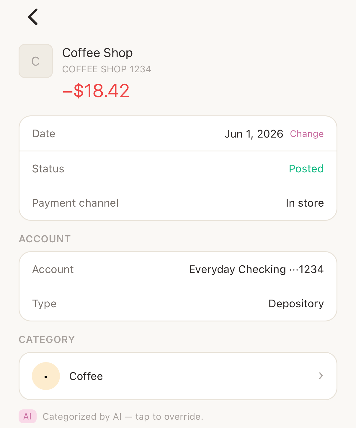 Finance AI transaction detail screen showing the Date row with a Change action.