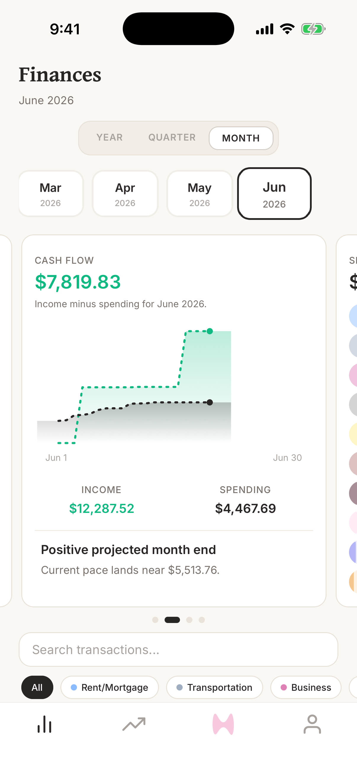 Finance AI home screen showing the Cash Flow graph with income, spending, and projected cash flow.